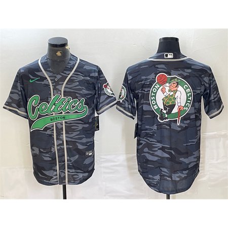 Men's Boston Celtics Gray Camo Team Big Logo With Patch Stitched Baseball Jersey